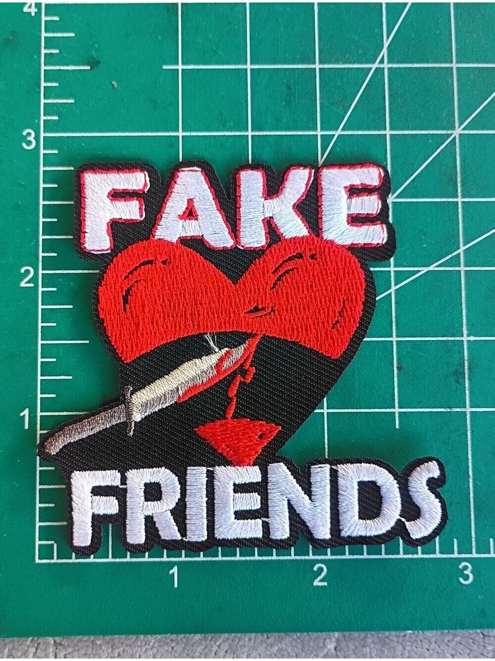 Fake Friends Slashed Heart Knife Iron On Embroidered Patch